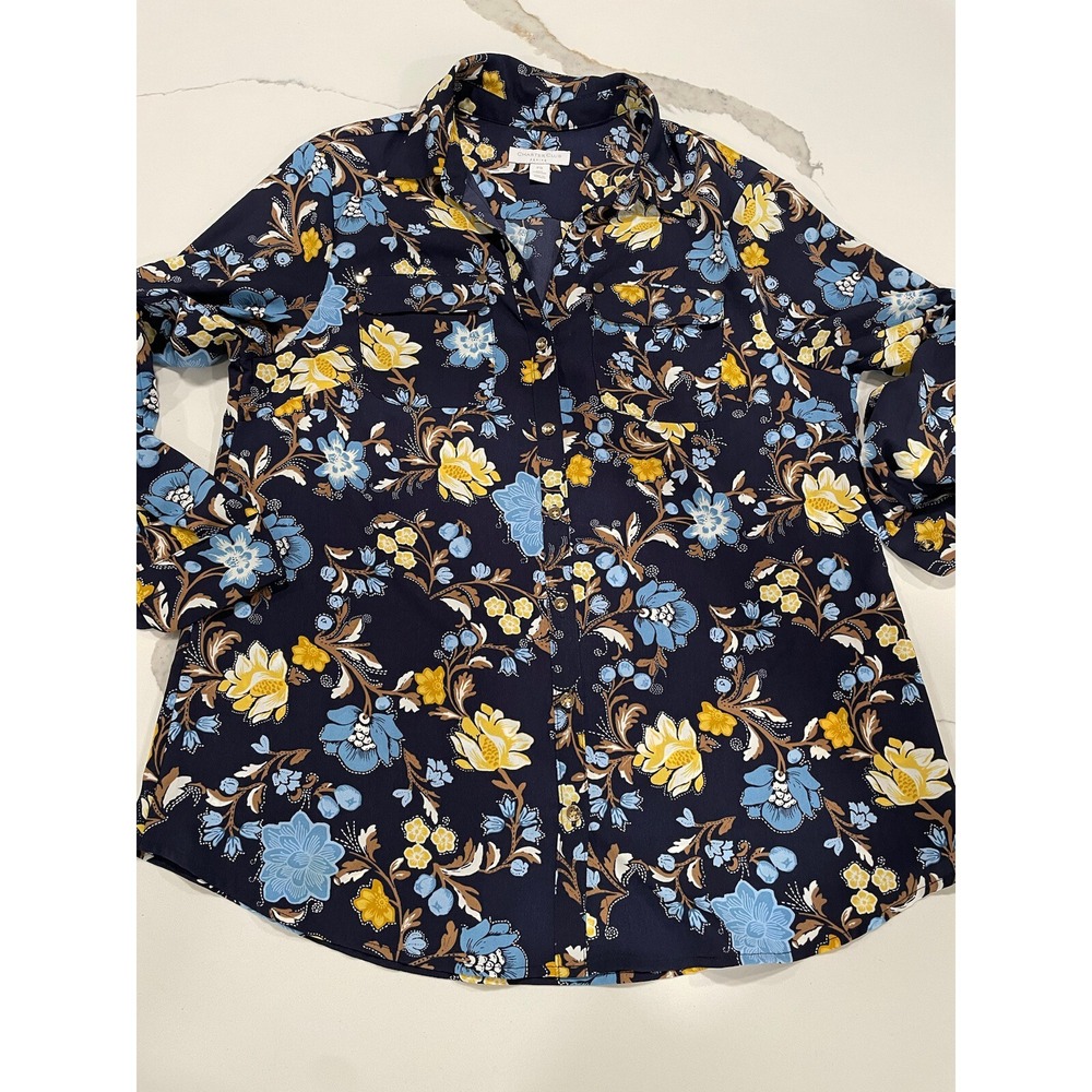 Charter Club Womens Blouse Blue Floral V‎ Neck Petite Small PS AK109